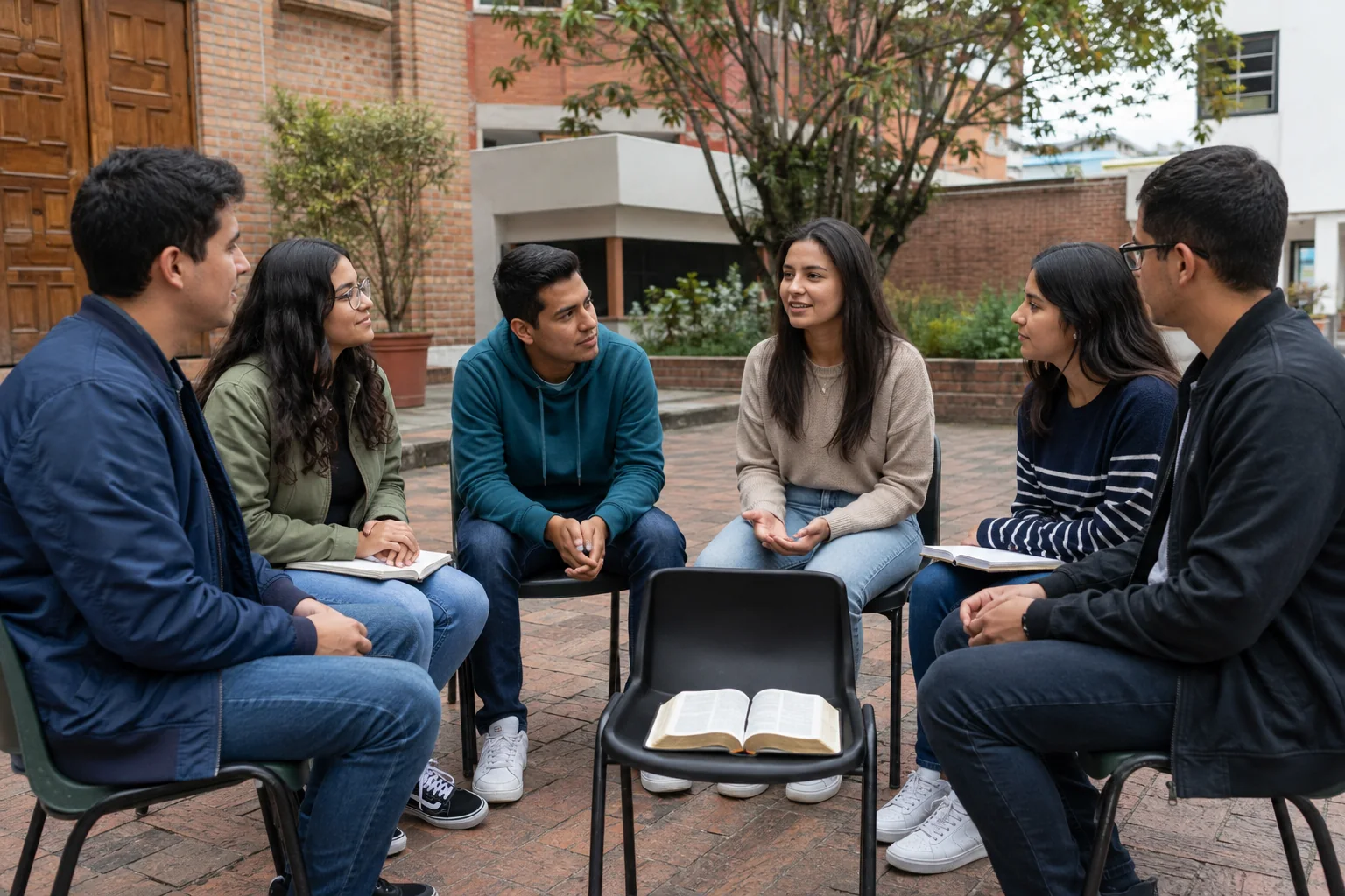 Jóvenes conversando y compartiendo en comunidad