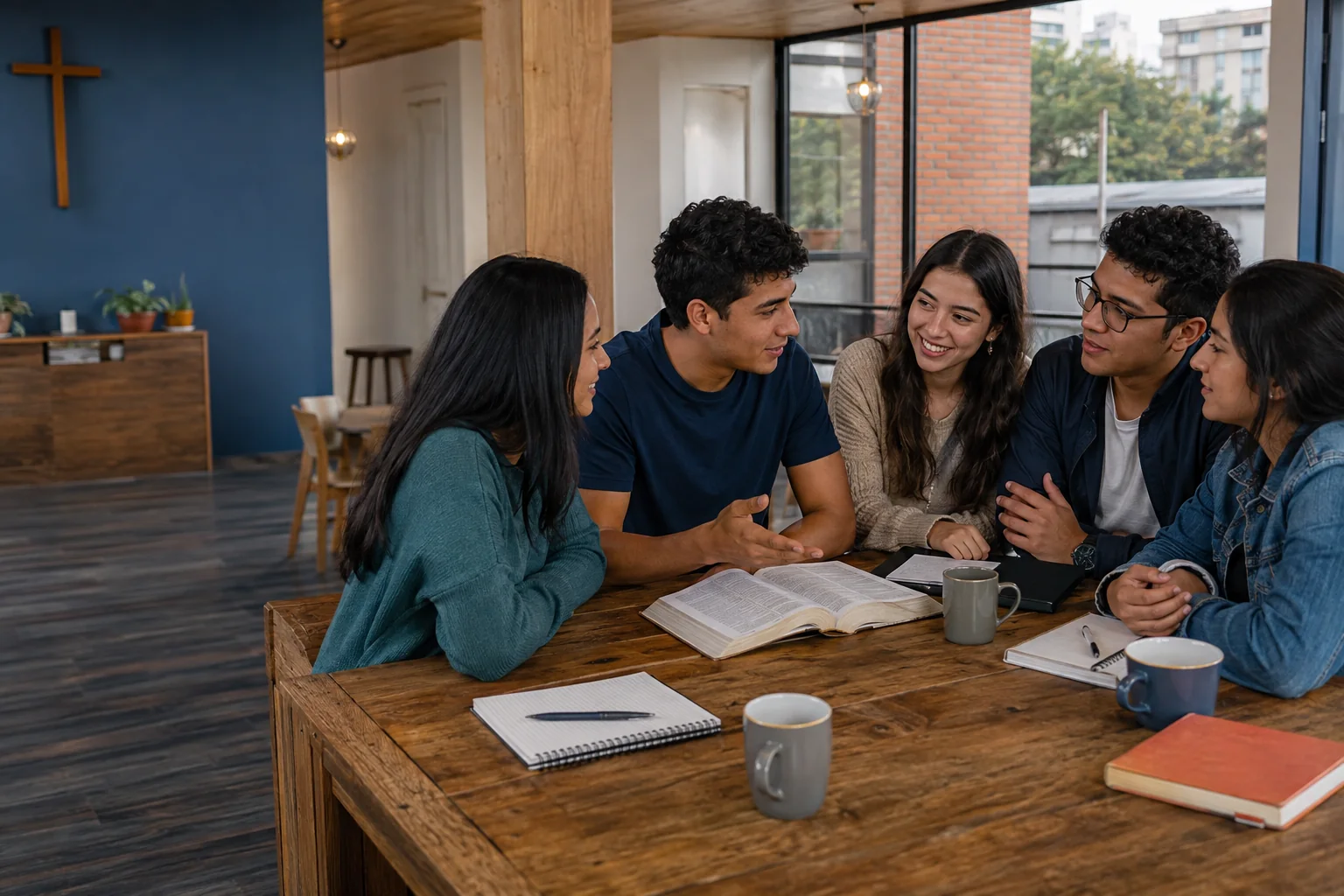 Jóvenes compartiendo alrededor de la Biblia